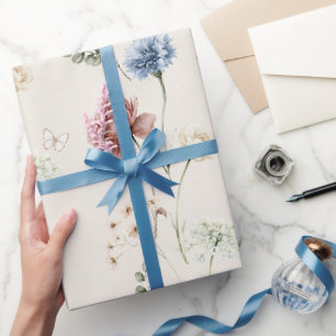 Burgundy Rose Blue White Flowers Butterfly Bridal Wrapping Paper