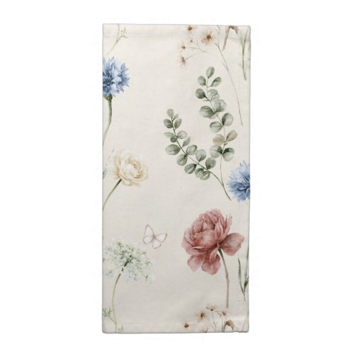 Burgundy Rose Blue White Flowers Butterfly Cloth Napkin
