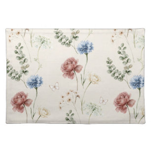 Burgundy Rose Blue White Flowers Butterfly Cloth Placemat