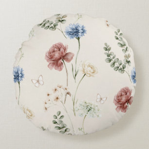 Burgundy Rose Blue White Flowers Butterfly Round Pillow