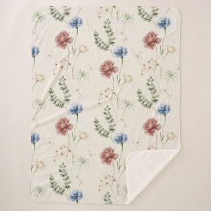 Burgundy Rose Blue White Flowers Butterfly Sherpa Blanket