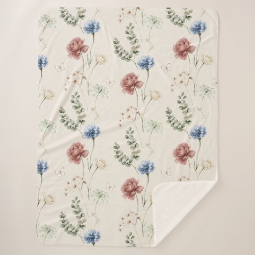 Burgundy Rose Blue White Flowers Butterfly Sherpa Blanket