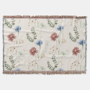 Burgundy Rose Blue White Flowers Butterfly Throw Blanket