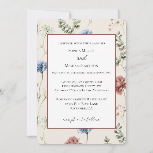Burgundy Rose Blue White Flowers Butterfly Wedding Invitation