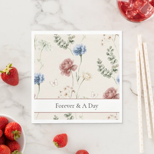 Burgundy Rose Blue White Flowers Butterfly Wedding Napkins