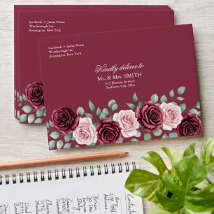 Burgundy Rose Blush Floral Geometric Wedding Envelope
