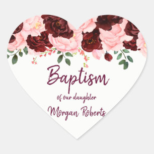 Burgundy Rose Blush Pink Floral Baby Girl Baptism Heart Sticker