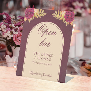 Burgundy Rose Boho Rustic Floral Open Bar Wedding Pedestal Sign