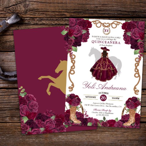 Burgundy Rose Boots Charro Vestidos Quinceaera Invitation