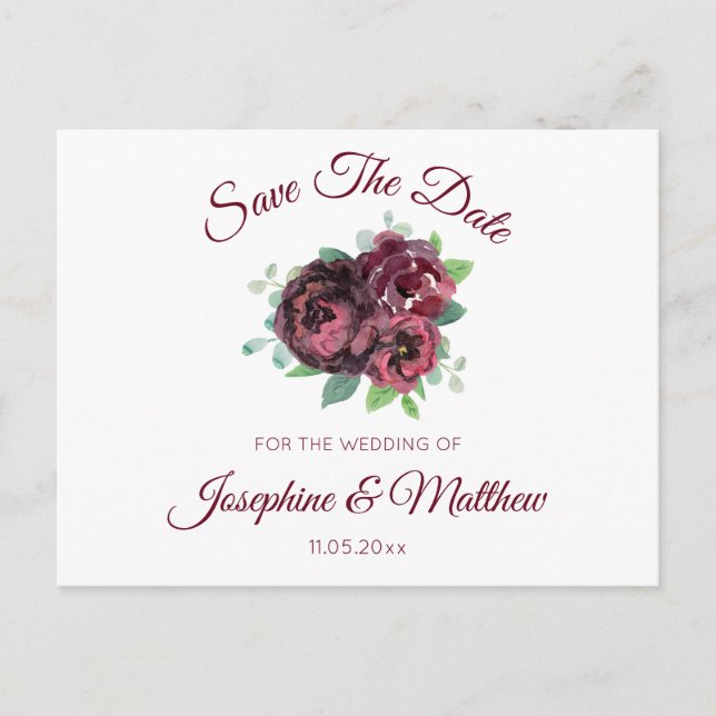 Burgundy Rose Bouquet Save the Date Announcement Postcard (Front)