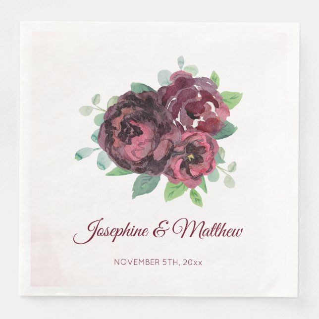 Burgundy Rose Bouquet Wedding Paper Dinner Napkins (Front)