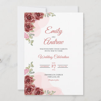 Burgundy Rose Classic Floral Watercolor Wedding Invitation
