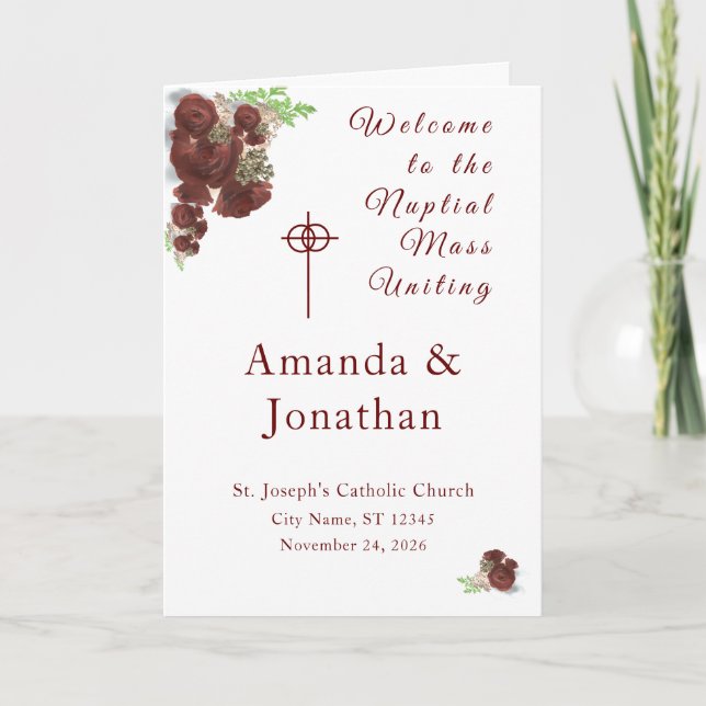 Burgundy Rose-Corsage Nuptial Mass with Photo  Program (Front)