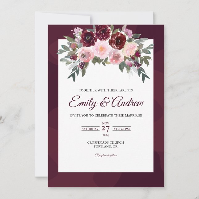 Burgundy Rose Elegant Floral Watercolor Wedding Invitation (Front)
