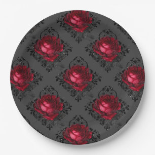 Burgundy Rose Elegant Gothic Pattern Halloween Paper Plates