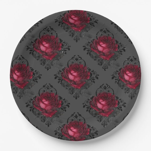 Burgundy Rose Elegant Gothic Pattern | Halloween Paper Plates (Front)