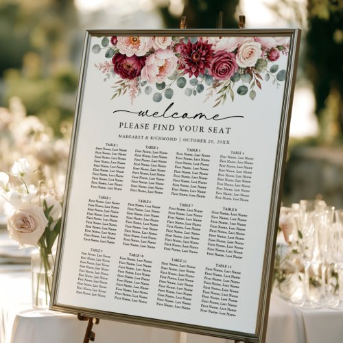 Burgundy Rose Elegant Rustic Wedding Seating Chart Foam Board