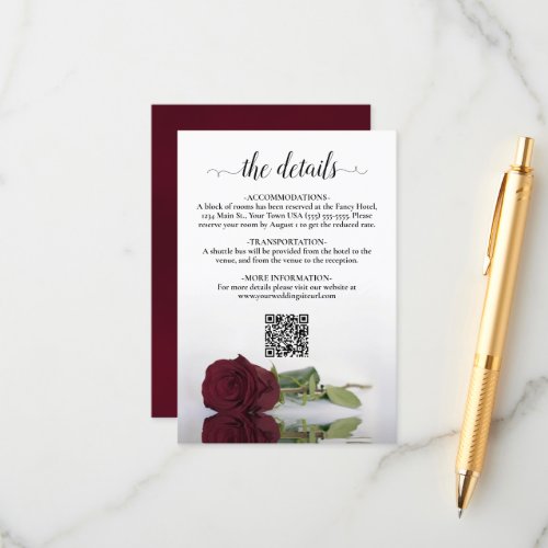 Burgundy Rose Elegant Wedding Details QR Code Enclosure Card