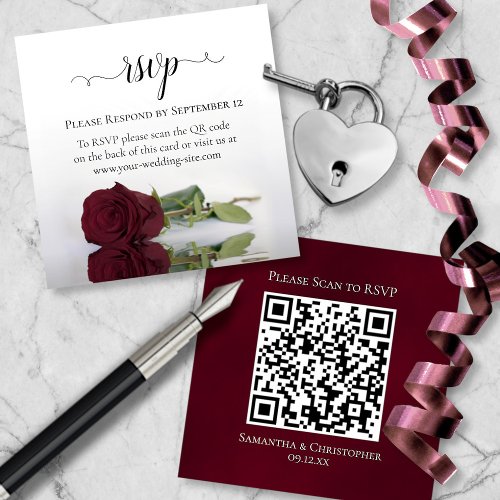 Burgundy Rose Elegant Wedding RSVP QR Code Enclosure Card