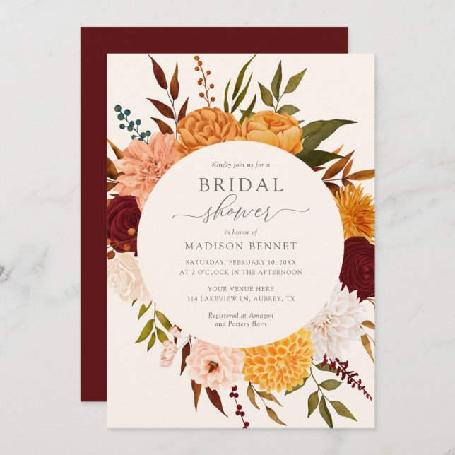 Burgundy Rose Fall Floral Bridal Shower Invitation (Front/Back)