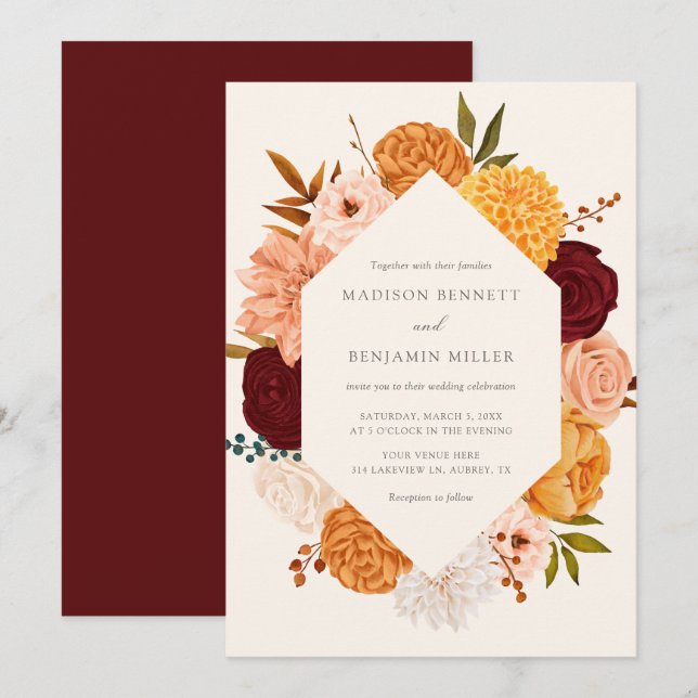 Burgundy Rose Fall Floral Wedding Invitation (Front/Back)
