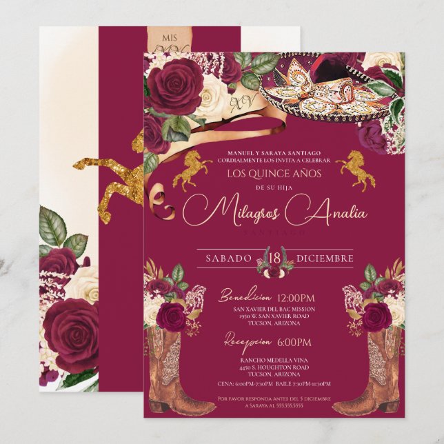 Burgundy Rose Fancy Mariachi Charro Quinceanera Invitation (Front/Back)