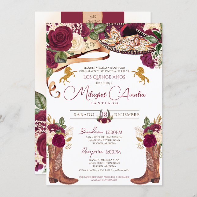 Burgundy Rose Fancy Western Charro Quinceanera Invitation (Front/Back)
