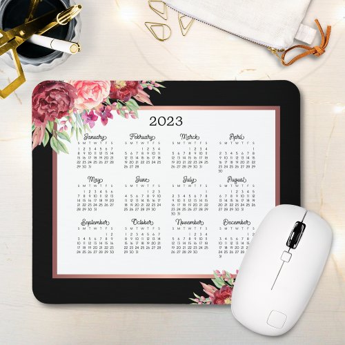 Burgundy Rose Floral Black 2023 Calendar Mouse Pad