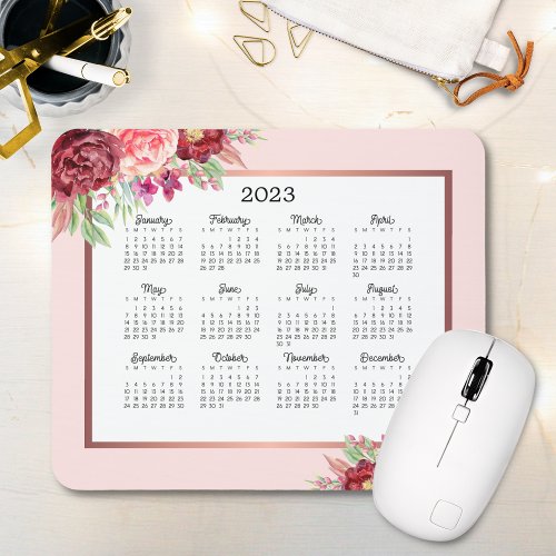 Burgundy Rose Floral Blush Pink 2023 Calendar Mouse Pad