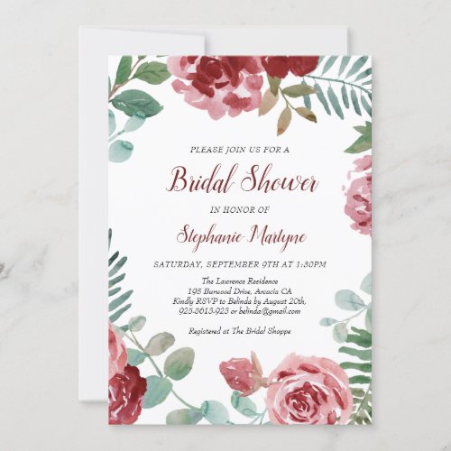 Burgundy Rose Floral Botanical Bridal Shower Invitation