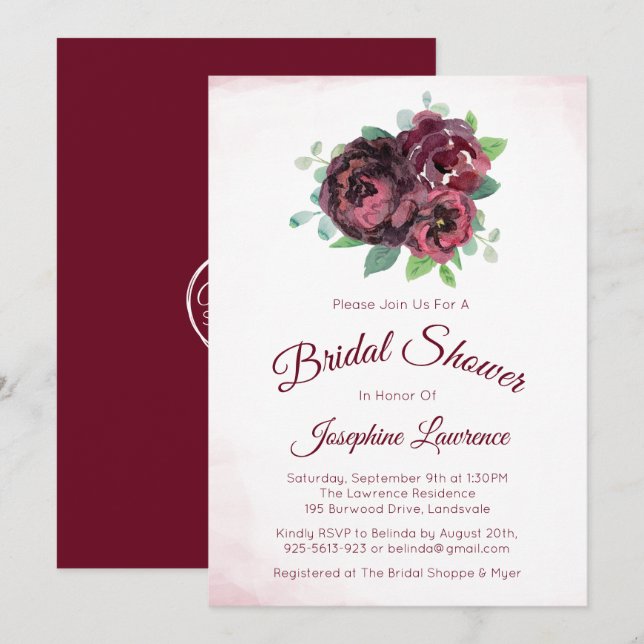 Burgundy Rose Floral Bridal Shower Invitations (Front/Back)