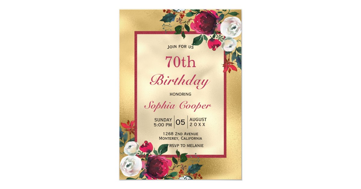 Burgundy Rose Floral Faux Gold Foil 70th Birthday Invitation Zazzle Com
