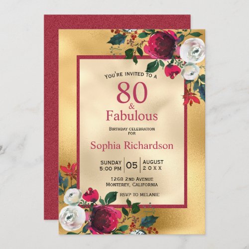 Burgundy rose floral faux gold foil 80th Birthday Invitation