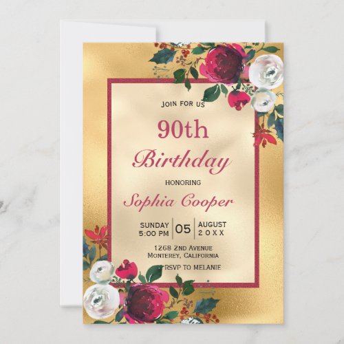 Burgundy rose floral faux gold foil 90th Birthday Invitation