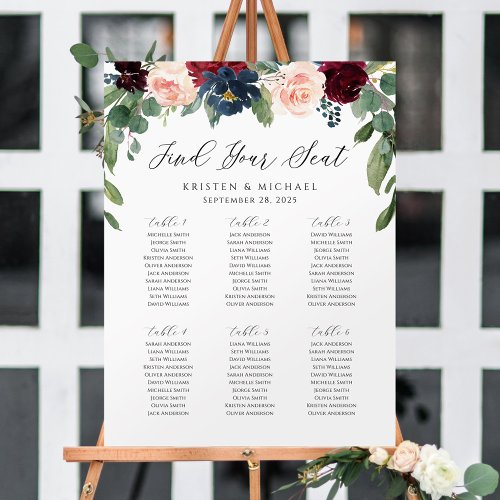 Burgundy Rose Floral Find Your Seat Seating Chart