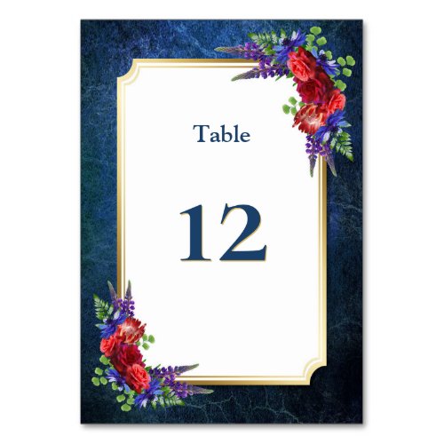 Burgundy Rose Floral Gold Border Blue Wedding Table Number