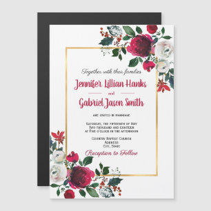 Burgundy rose floral gold frame wedding invitation