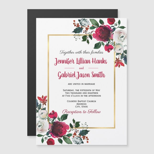 Burgundy rose floral gold frame wedding invitation (Front/Back)