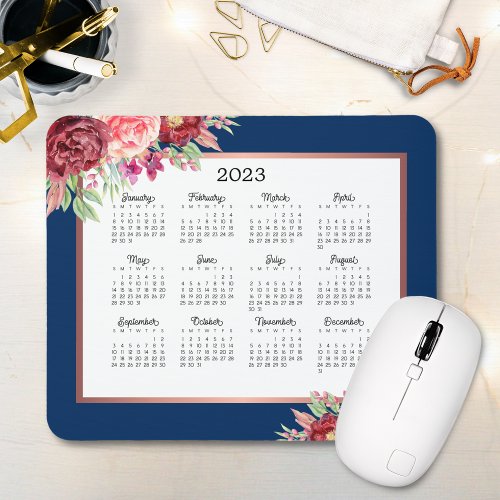 Burgundy Rose Floral Navy Blue 2023 Calendar Mouse Pad