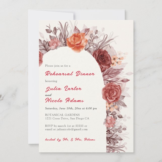 Burgundy Rose Floral Pampas Grass Rehearsal Dinner Invitation (Front)