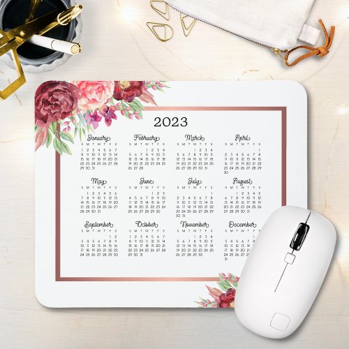 Burgundy Rose Floral Rose Gold 2023 Calendar Mouse Pad