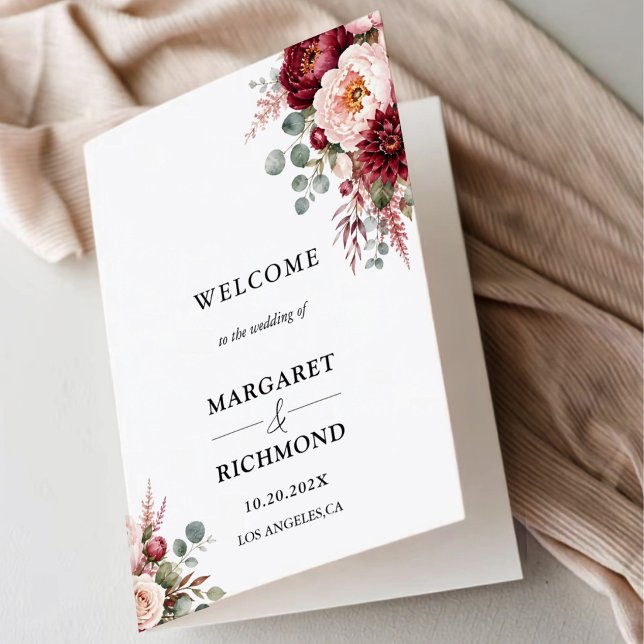 Burgundy Rose Floral Rustic Folded Wedding Program (Creator Uploaded)