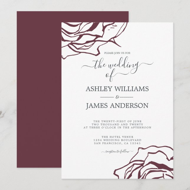 Burgundy Rose Floral Script Modern Wedding Invitation (Front/Back)