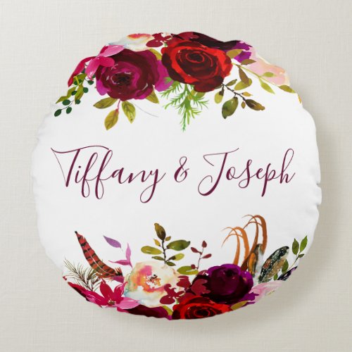 Burgundy Rose Floral Watercolor Wedding Round Pillow