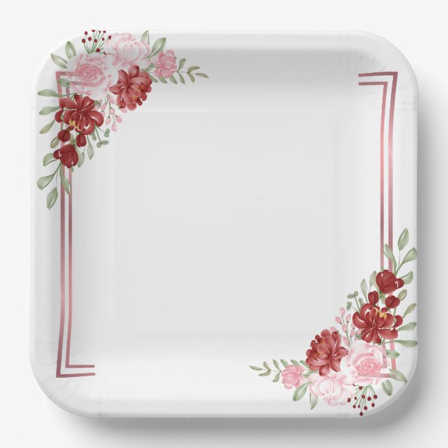Burgundy & Rose Floral Wedding Paper Plates (Front)