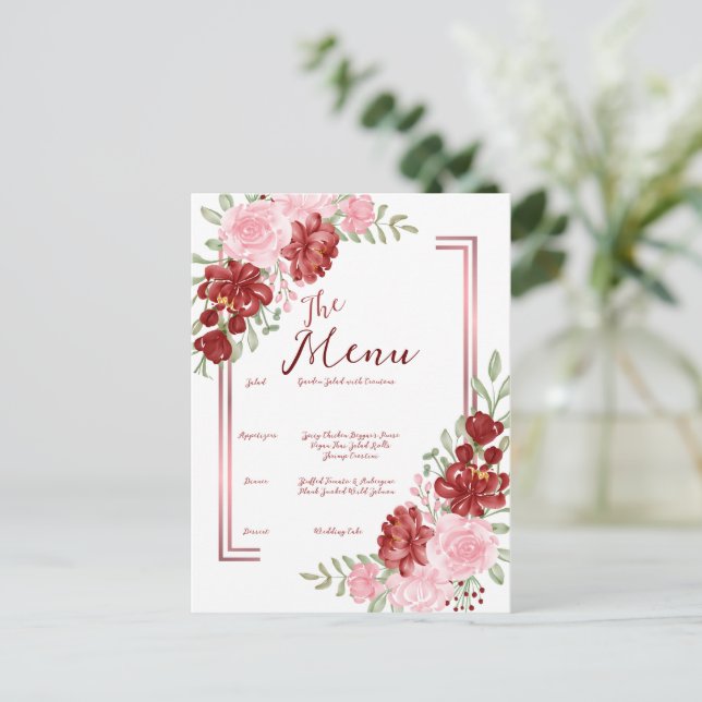 Burgundy & Rose Floral Wedding Postcard (Standing Front)