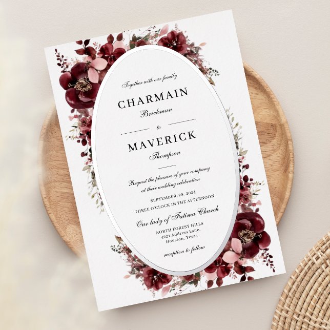 Burgundy Rose Floral Wedding Silver  Foil Invitation (Creator Uploaded)