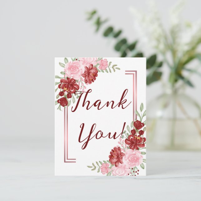 Burgundy & Rose Floral Wedding Thank You Card (Standing Front)