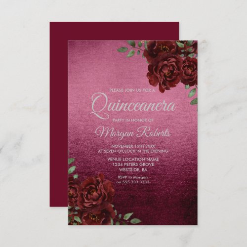 Burgundy Rose Foil Look Quinceanera Invite