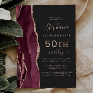 Burgundy Rose Gold Agate Dark 50th Birthday Invitation